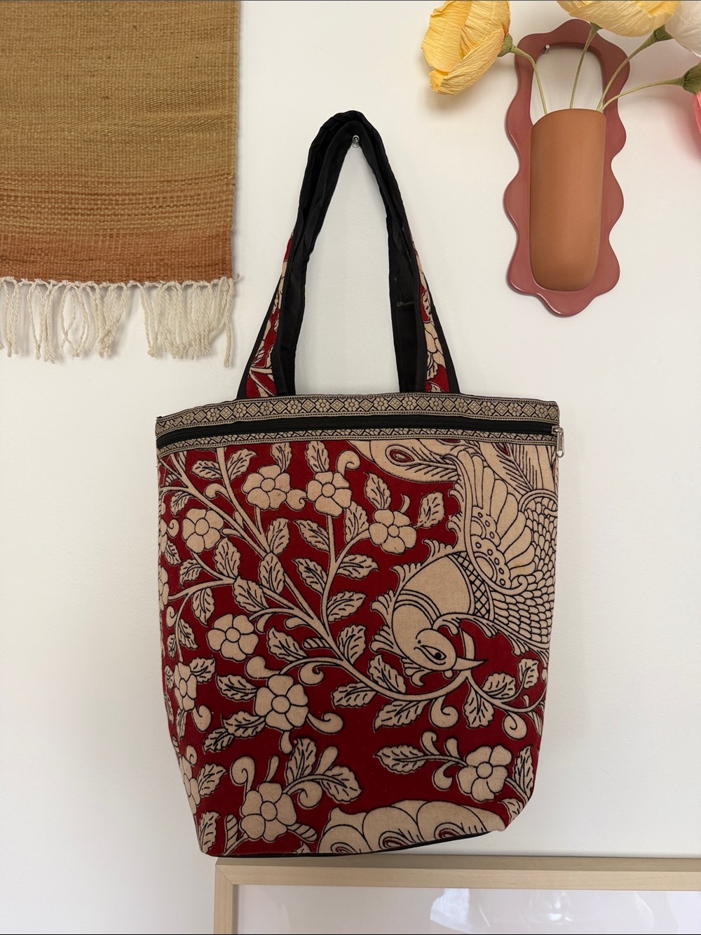 Ethnic Indian Wear Red and Beige Floral Bird Tote